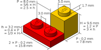 Dos piezas de construcción de Lego dibujadas con acotaciones que expresan tamaños y características de ambos bloques. Un bloque es rojo con dos conectores y el otro es amarillo con uno.