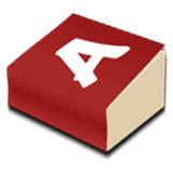 Libro de pastas y lomo rojo, con una letra “A” impresa en su frontal. 