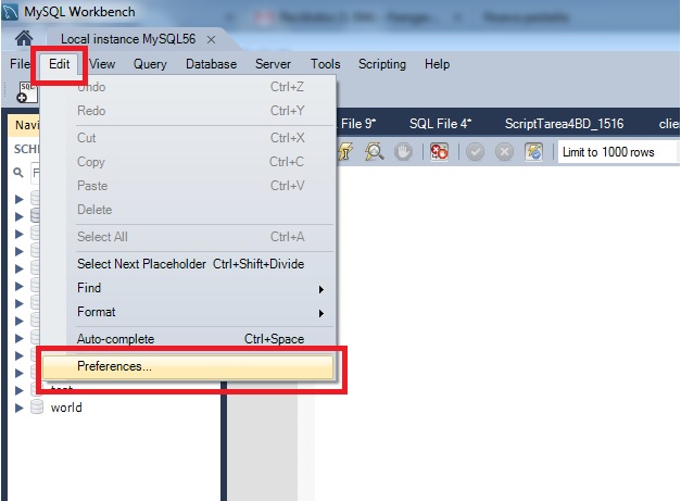 Menú Edit de MySQL Workbench