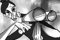 Dibujo en blanco y negro que representa una chica con una escopeta.