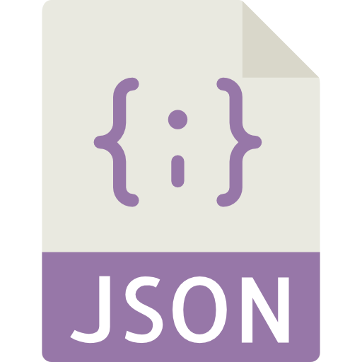 Icono representando un documento JSON, con letras de color púrpura