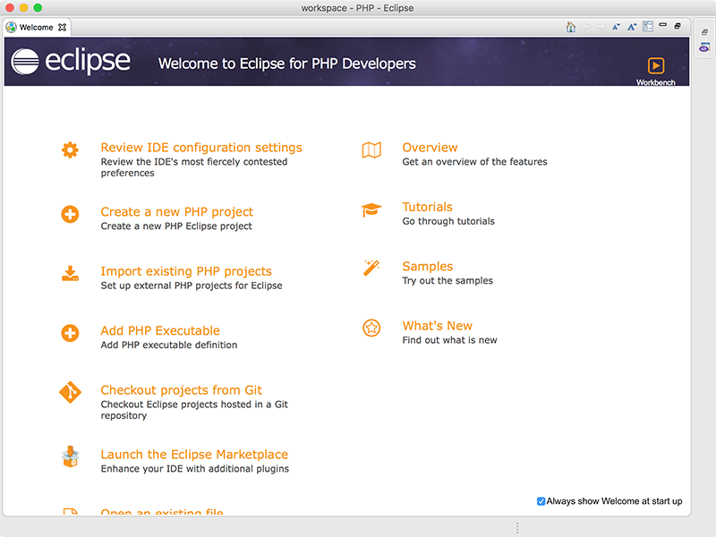 Pantalla de Inicio del IDE Eclipse para PHP