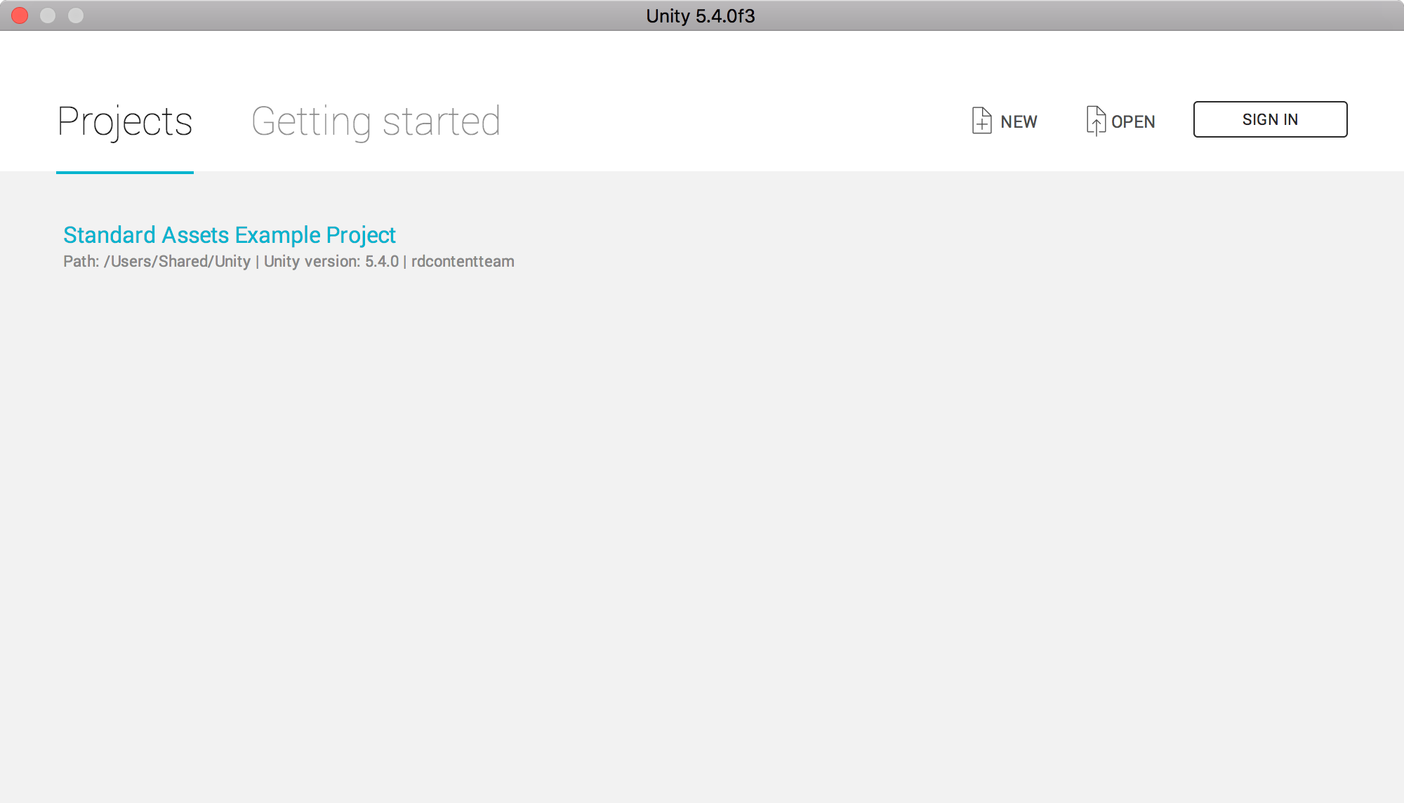 Pantalla de inicio de Unity.