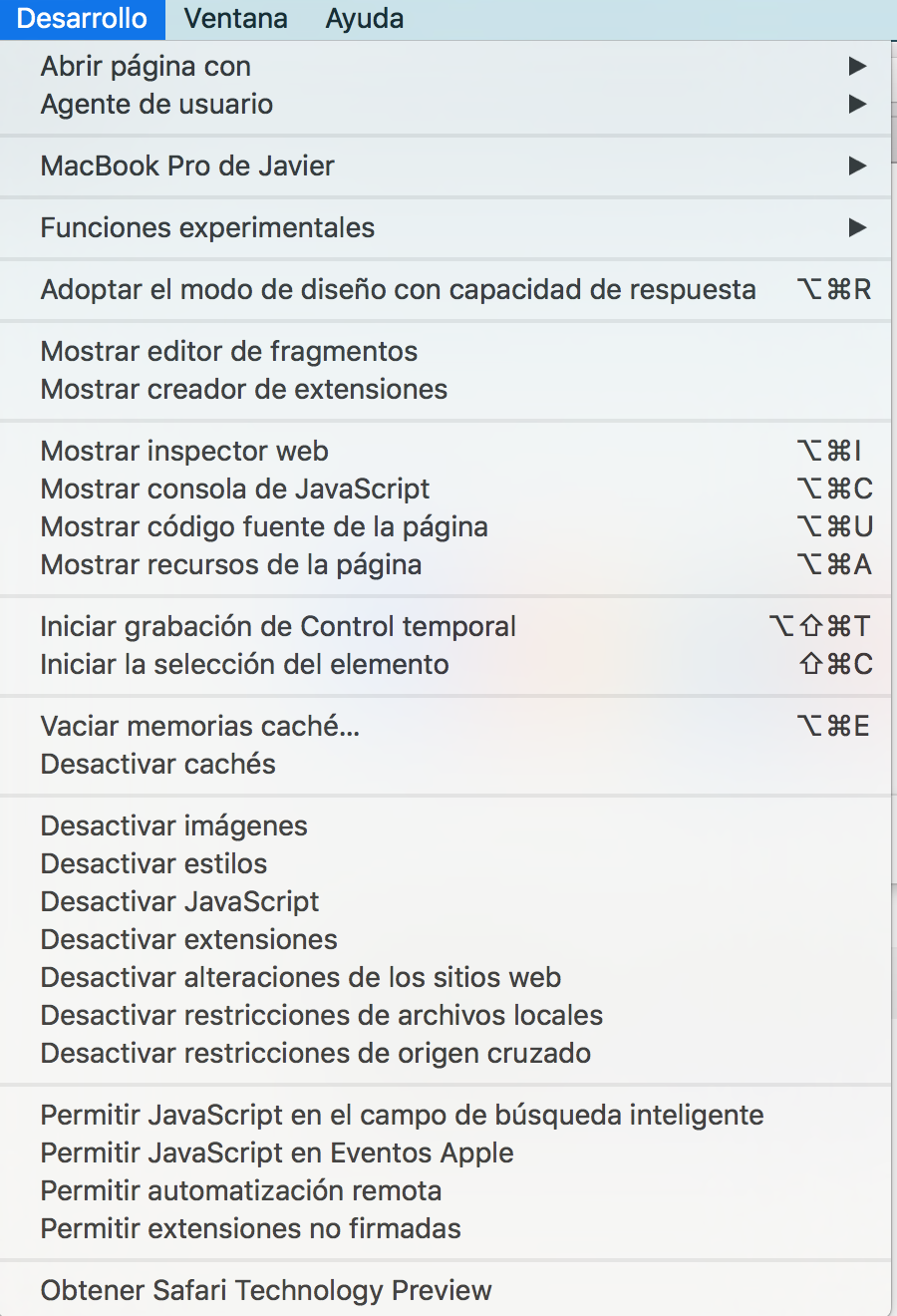 Opciones de desarrollo de Safari