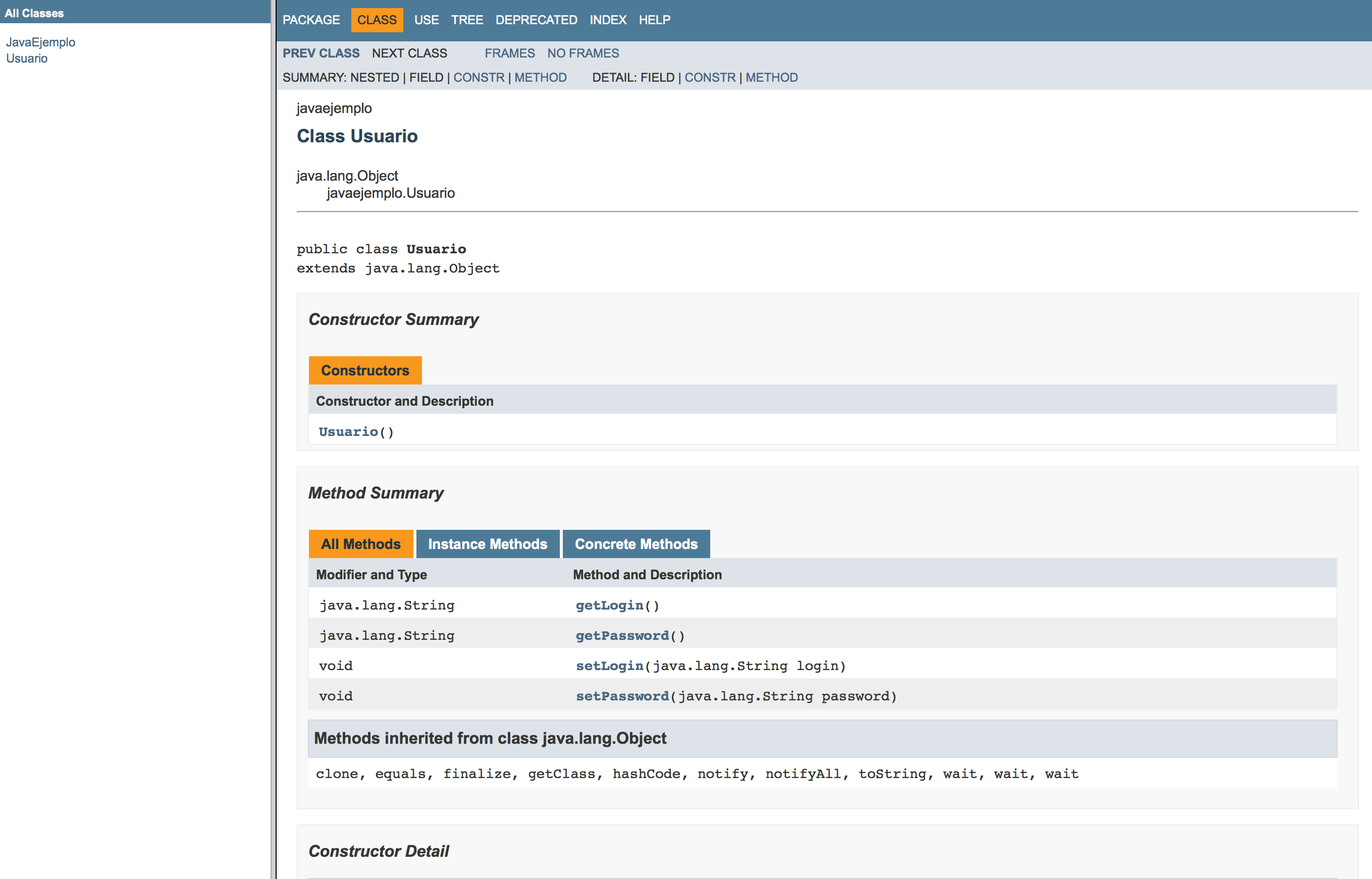 Documentación generada por JavaDoc.
