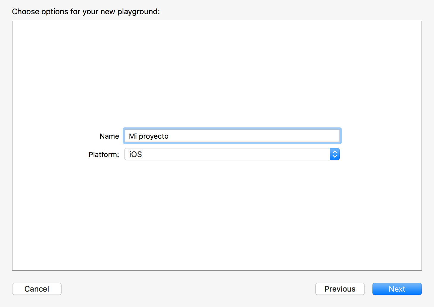 Página de creación del proyecto con XCode.