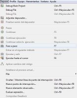 Imagen con el menú de depuración de NetBeans donde se aprecian los diferentes modos de ejecución que se pueden segui (paso a paso, ejecutar hasta el cursor,...).