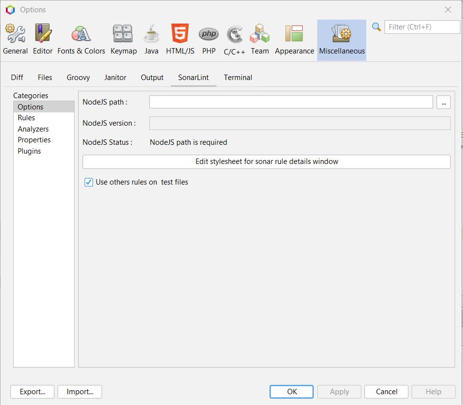 Captura de pantalla de la configuración del plugin SonarLint en Netbeans