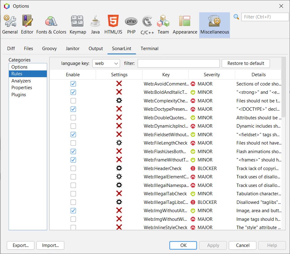 Captura de las reglas por defecto del plugin SonarLint en Netbeans