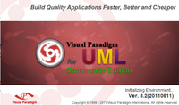 Anagrama del inicio de VP-UML. Aparece el icono de Visual Paradigm formado por un círculo rojo con borde blanco y tres líneas curvas que parten del centro, seguido del nombre de la aplicación “Visual Paradigm for UML”. Sobre un fondo de tonos rojizos. En la parte superior de la imagen aparece el mensaje Build Quality Aplications Fater, Better and cheeper. En la parte inferior se puede leer el texto Initializing environment, el número de la versión y el copyright.