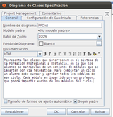 Ventana de especificación de un diagrama de clases. Contiene una serie de pestañas de las que se ve la pestaña General. En esta ventana se puede rellenar el nombre del diagrama (en este caso FPDist), el modelo padre, para este aparece <no modelo padre>, el Ratio de zoom que aparece al 100%, fondo del diagrama, aparece blanco, y la documentación, que en formato HTML es “Representa las clases que intervienen en el sistema de la Formación Profesional a Distancia, en la que los alumnos se matriculan de un conjunto de módulos que se imparten por vía telemática. Para completar un ciclo un alumno debe completar debe cursar y aprobar todos los módulos de ese ciclo. Cada módulo es impartido por un profesor, que podrá impartir varios de los módulos del ciclo”.