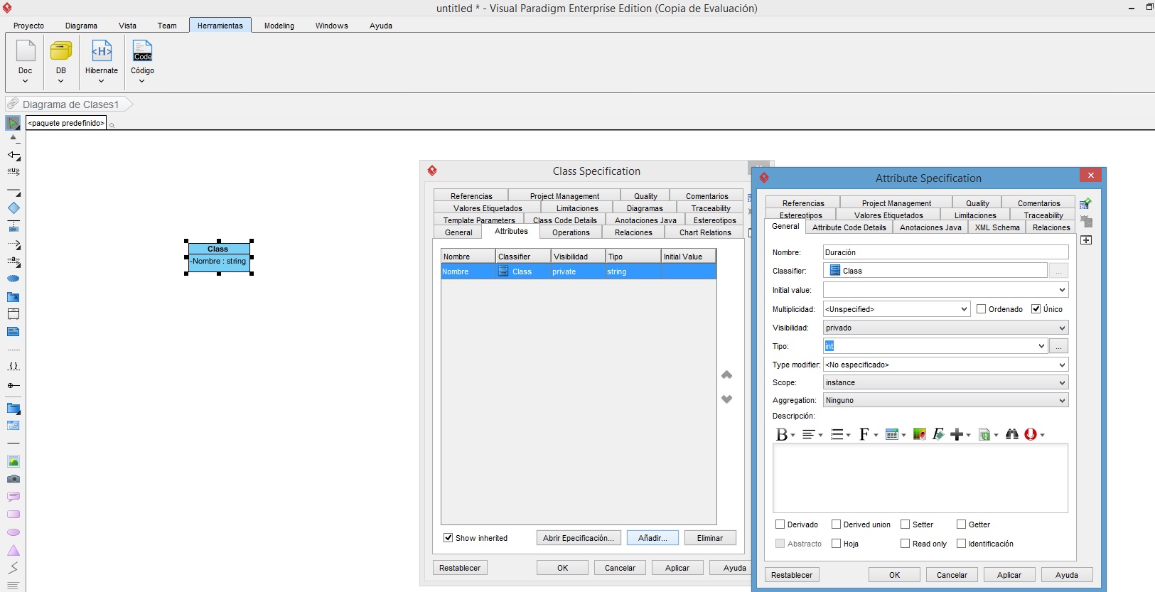 Se aprecia el conjunto de dos ventanas de Visual Paradigm. La ventana de la izquierda lleva por nombre “Class Specification” se compone de una serie de pestañas de las que aparece “Atributes”. A continuación aparece una tabla con el conjunto de atributos de la clase, incluyendo, según reza en la primera fila de la tabla: Nombre, clasificador, Visibilidad, tipo y valor inicial. Los atributos que aparecen siguiendo las características del encabezado son:Nombre, que pertenece a la clase módulo, privado y de tipo String, Duración, que pertenece a la clase Módulo, es privado y de tipo int, y Contenidos que también pertenece a la clase módulo, y es privado. En la zona inferior de la ventana aparecen botones para editar o añadir atributos y más abajo botones para Restablecer, Aceptar, Cancelar, Aplicar y Ayuda. En la segunda ventana aparece la especificación de un atributo en concreto. Se componen de una serie de pestañas de las que se ve la pestaña General. En ella se ven los siguientes datos del atributo: Nombre: contenidos.Clasificador: Módulo.Valor inicial: vacío.Multiplicidad: no especificado.Visibilidad: privado.Tipo: string.Modificador de tipo: no especificado. Alcance: instancia.Agregación: ninguna.Documentación: Descripción de los contenidos del módulos.