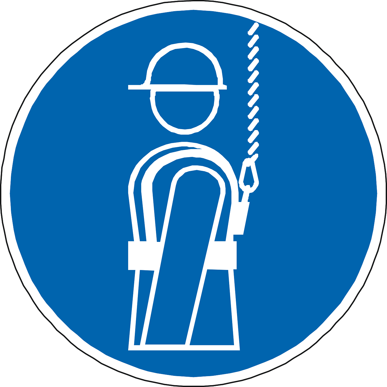 Imagen señal de obligación, pictograma blanco sobre fondo azul (color de seguridad). El pictograma plasma un trabajador utilizando un arnés.