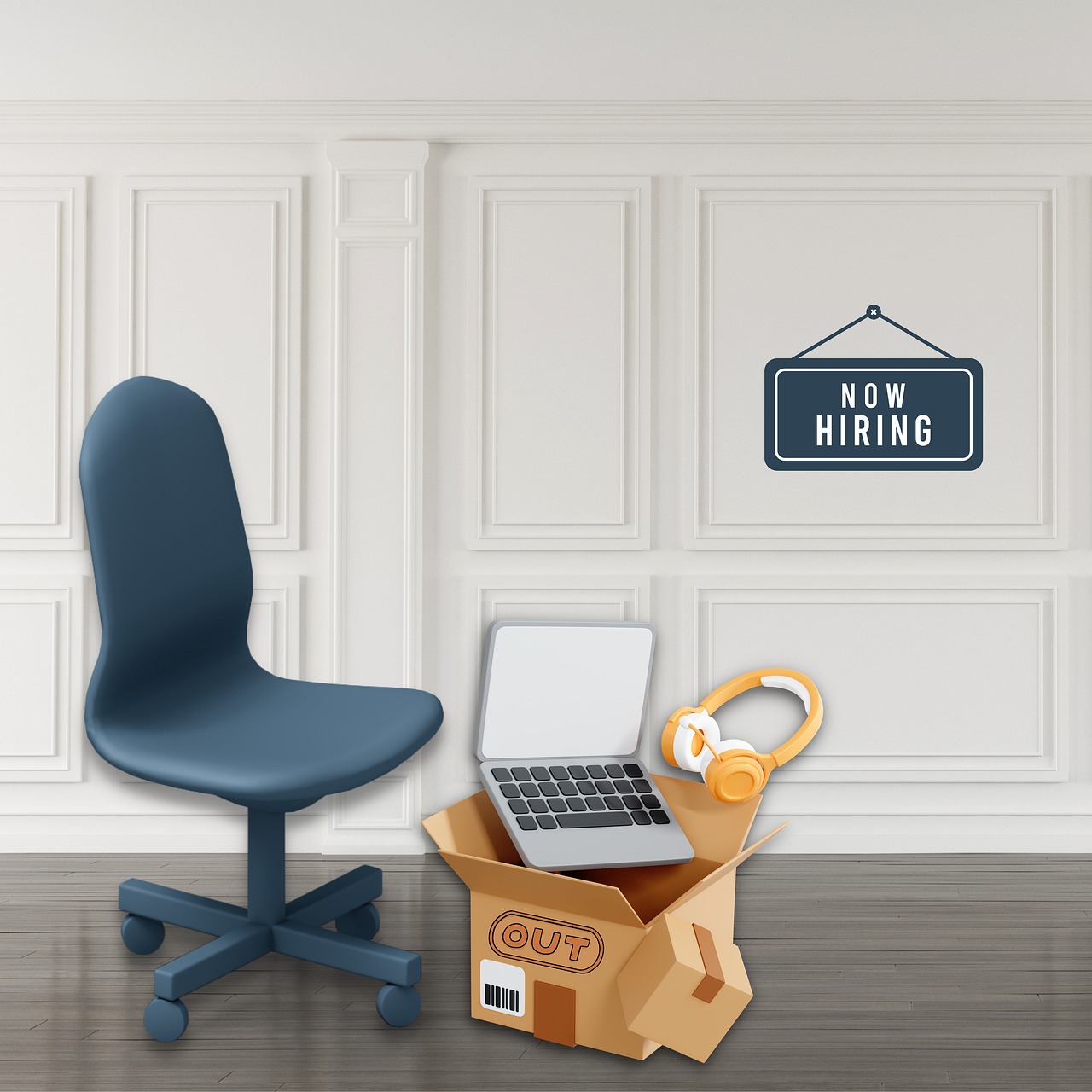 Silla con caja y objetos oficina