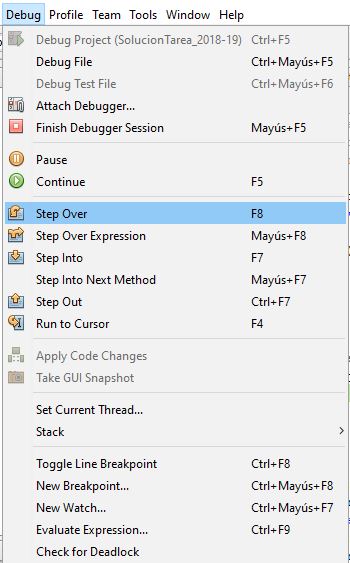 Imagen que muestra el menú del depurador, cuando el depurador está activo y nos hemos detenido en un punto de ruptura.