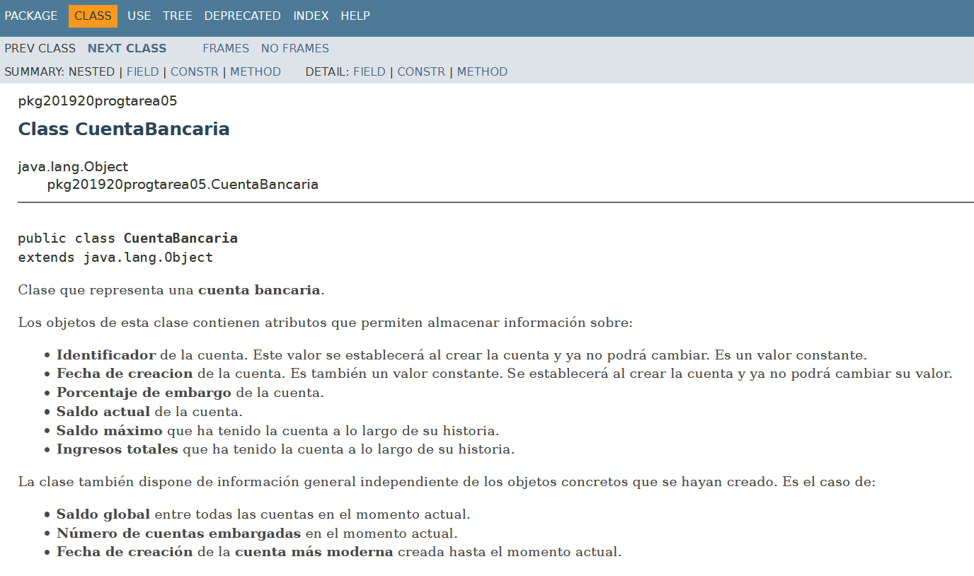 Clase CuentaBancaria (se abre en una nueva ventana). Cabecera javadoc de la clase CuentaBancaria