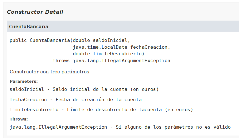 Javadoc detallado constructor clase CuentaBancaria (se abre en una nueva ventana) Javadoc detallado de un constructor de la clase CuentaBancaria