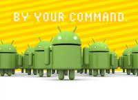 Grupo de figuras correspondientes al logo de  Android con el mensaje de fondo “by your command”.