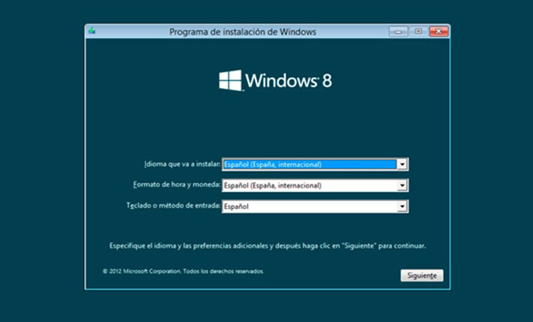 Comienzo de la instalación de Windows 8