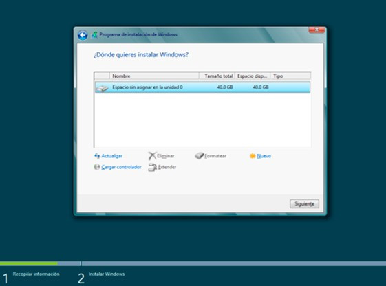 ¿Dónde quieres instalar Windows?