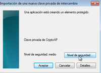 Muestra la pantalla donde se establece el nivel de seguridad con el que se va a utilizar el certificado.