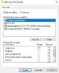 Muestra la ventana con los permisos sobre la carpeta Empresa donde se ve la herencia de la raíz del sistema. Se ve la Lista de control de Acceso (ACL) para el grupo de usuarios 'Usuarios autenticados' en la que aparecen los permisos sobre la carpeta Empresa que cuelga de la unidad C:. Los Usuarios autenticados cuentan con permisos de lectura y escritura sobre la carpeta.