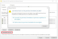 Muestra la ventana de herencia de permisos. Aparece recuadrada en rojo la opción Deshabilitar herencia del objeto primario de este objeto. Si deseleccionamos la opción perdemos la herencia de permisos y nos aparece una ventana con las opciones: Convertir los permisos heredados en permisos explícitos en este objeto, Quitar todos los permisos heredados de este objeto y Cancelar (no modifica la configuración de herencia del objeto).