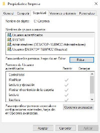 Muestra la ventana con los permisos sobre la carpeta Empresa donde se ve la herencia de la raíz del sistema. Se ve la Lista de control de Acceso (ACL) para el grupo de usuarios 'Usuarios autenticados' en la que aparecen los permisos sobre la carpeta Empresa que cuelga de la unidad C:. Los Usuarios autenticados cuentan con permisos de lectura y escritura sobre la carpeta.