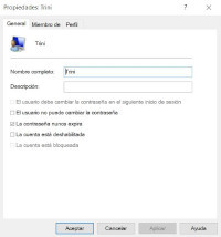 Muestra la ventana de las Propiedades de la cuenta de usuario 'Trini' en Administración de equipos de Windows 10.