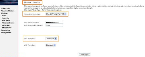 Activación del modo de cifrado WPA en la interfaz de configuración de un router Wifi.