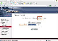 Pantalla de la interfaz de configuración de un router Wifi donde aparece la opción de Filtrado por dirección MAC.