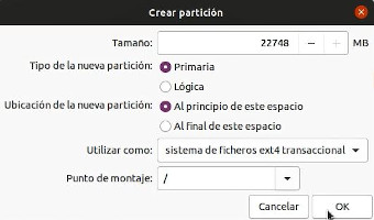 Formulario en el que se crea la partición del sistema