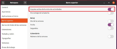 Esquina activa de la vista de actividades