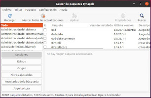 Captura que muestra el gestor de paquetes Synaptic