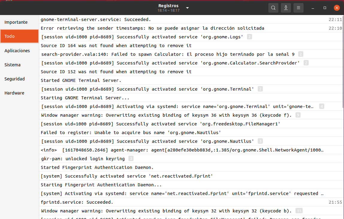 Registros del sistema ubuntu.